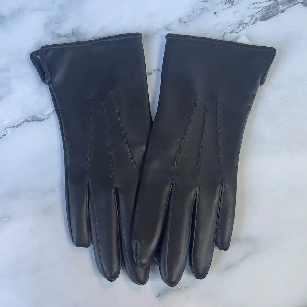 Vintage Black Ladies Gloves Faux Leather Stretch Size 6.5-7 Taiwan